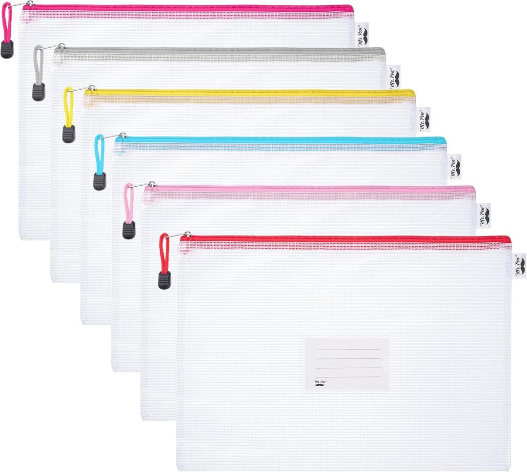 Mr. Pen- Plastic Mesh Zipper Pouch with Label Pocket, A4, 6 Pack, Large Mesh Zipper Pouch Large, Board Game Storage