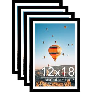 12x18 Picture Frame Set of 4 with 11x17 Mat, Display Photo 11x17 with Mat or 12 x 18 Without Mat, Wall Hanging Large 12 by 18 Poster Frame with Plexiglass, 4 Pack, Black