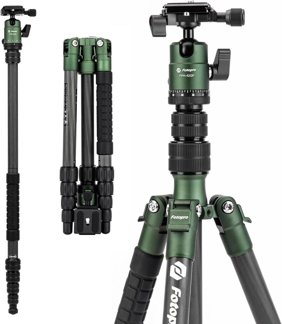 Fotopro 62" Carbon Fiber Travel Tripod, Lightweight Compact Camera Tripod with Metal Ball Head, Detachable Monopod with Arca-swiss Quick Release Plate and Bag, Load up to 8KG/17.63lbs, weighs only 2lb