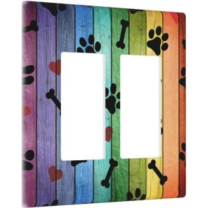 Decorative Light Switch Cover Dog Paw Colorful Retro Wood 2 Gang Rocker/Decora Outlet Covers Wall Plate Electrical Faceplate Switchplate for Farmhouse Bathroom Home Living Room Decor