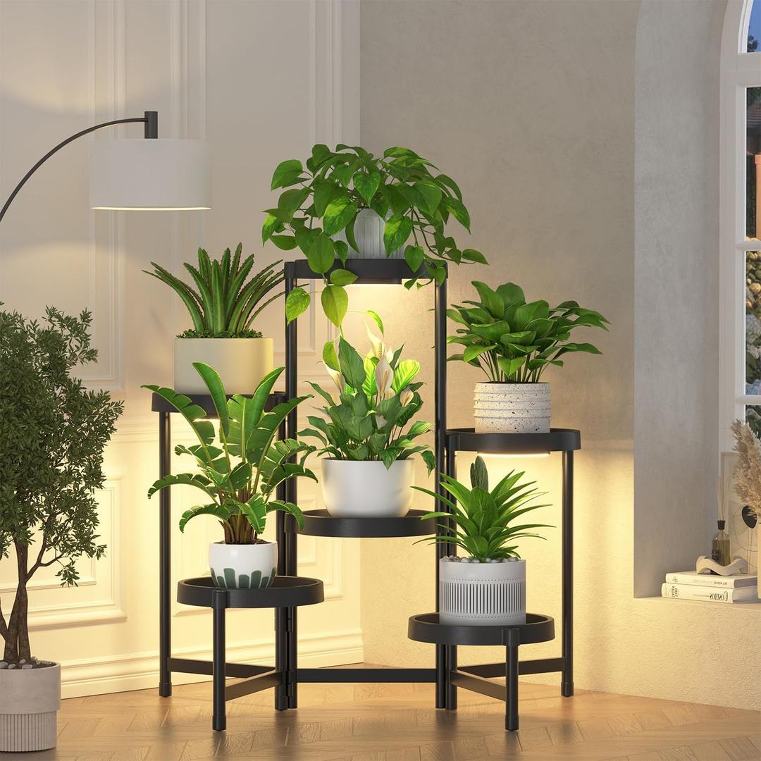 iDavosic.ly 6 Tier Folding Plant Stand Indoor Outdoor with Grow Light, Tiered Corner Flower Holder Shelf with Plastic Tray, Metal Orchid Display Rack for Patio Porch Living Room Garden Balcony, Black