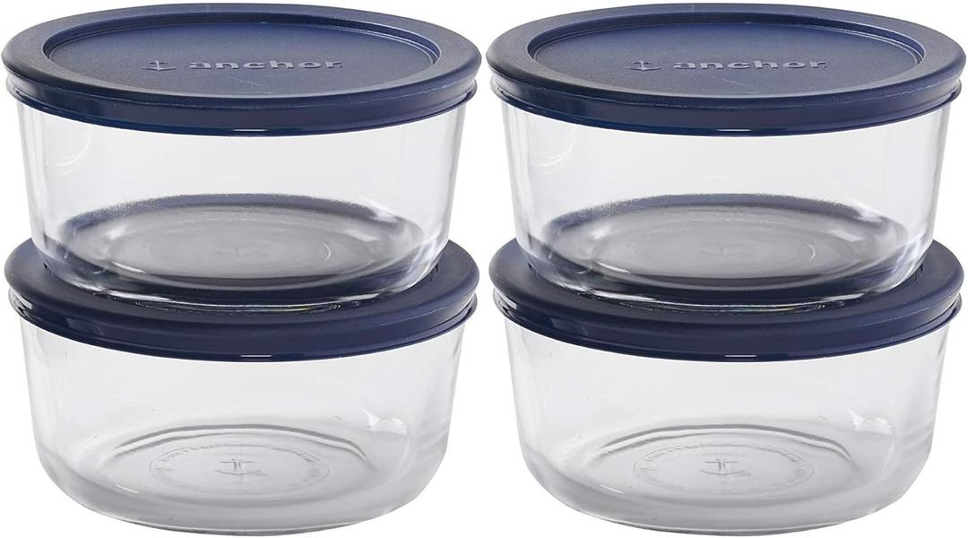 Anchor Hocking SnugFitTM Round Food Storage Containers with Lids (4-Piece, 7-cup, Navy Blue, oven-safe), Large