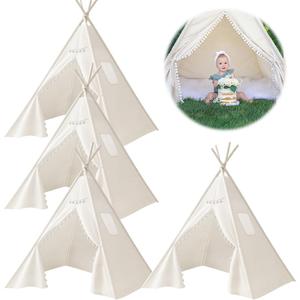 4 PCS Teepee Tent for Kids,Washable Tapered Kids Teepee Tent,Bohemian White Collapsible Sleepover Tents,for Boys and Girls Sleepover Pajamas Party Birthday SPA
