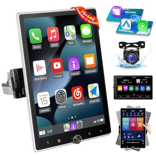 [2G+64G] Android 13 Single Din Vertical Car Stereo Rotatable 10.4 inch Touch Screen Radio with Carplay/Android Auto/EQ Audio/Bluetooth 4.2/SWC/GPS Navigation/FM RDS Radio +Backup Camera