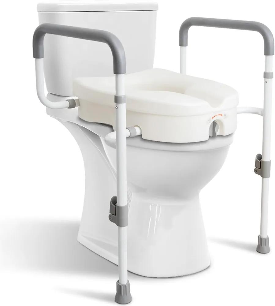 Raised Toilet Seat with Handles for Elderly - Toilet Seat Risers for Seniors with Adjustable Padded Arms - Elevated Toilet Safety Seat for Standard or Elongated Commode