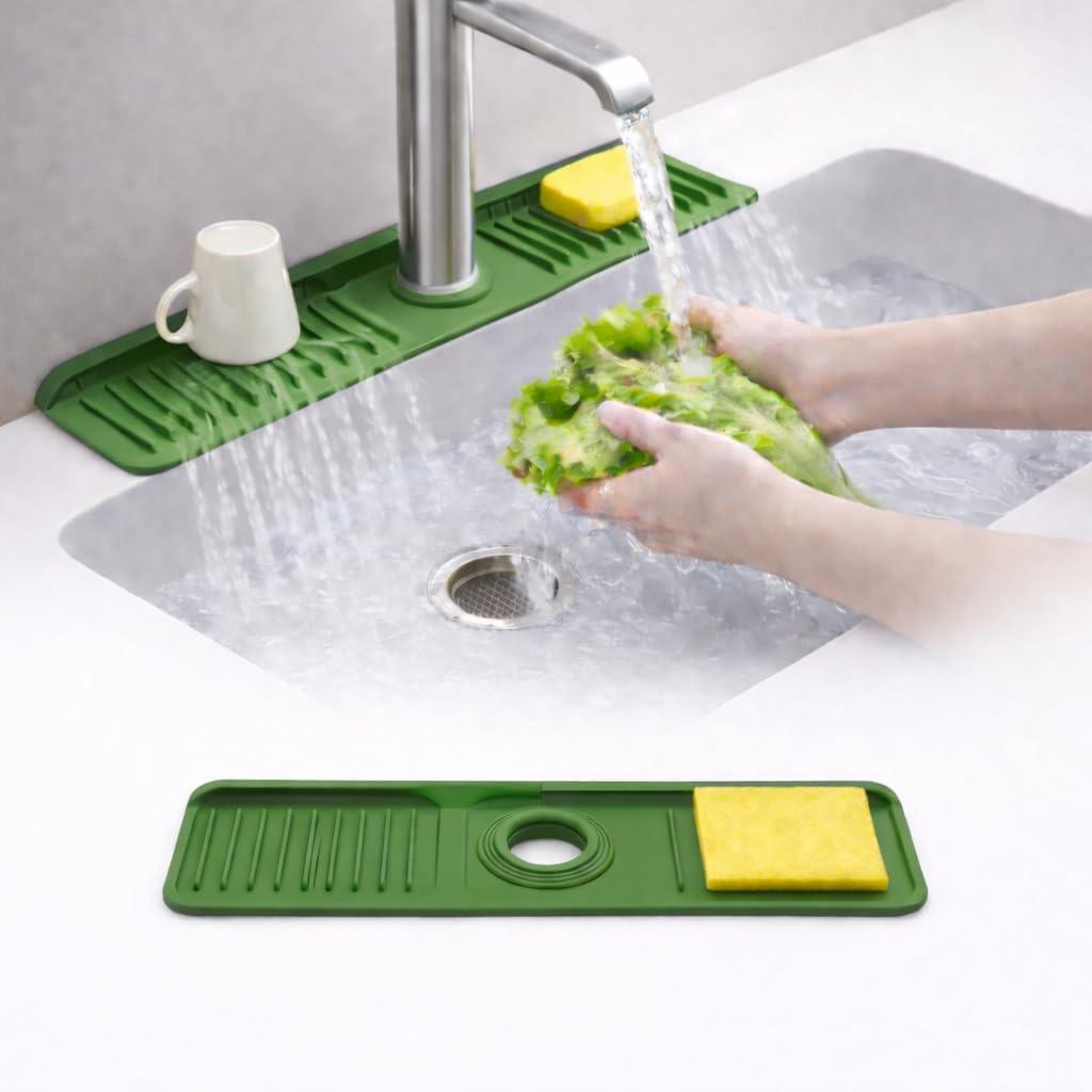 14.5" Green Silicone Faucet Mat for Kitchen Sink  Button Style Faucet Drip Catcher Sink Splash Guard with 6 Slope, Behind Faucet Draining Mat | Leak-Proof Countertop Protector for Kitchen Bathroom