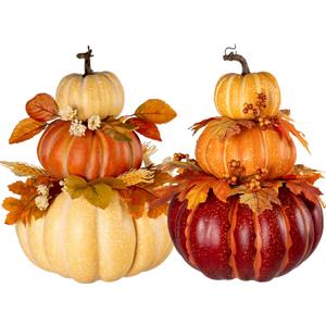 2Pcs 13" Large Stacked Pumpkin Tower Decor, Light Yellow Orange Hard Foam Artificial Pumpkin Topiaries with Maple Leaves, Harvest Fall Ornament for Halloween Thanksgiving Table Porch Decor