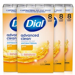 Dial Antibacterial Deodorant Bar Soap, Advanced Clean Gold, 4 Oz, 32 Bars, Round the Clock Odor Protection, Dermatologist Tested, With Clean Rinse Technology