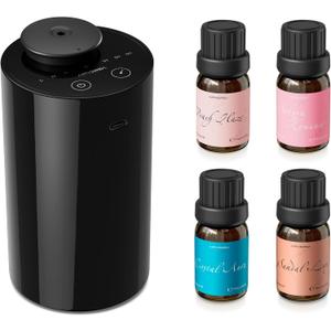 Airversa Waterless Essential Oil Diffuser Starter Kit with 4 x 10mL Fragrance Scent Oil, Battery Operated Mini Scent Air Machine Portable Diffuser for Home Car Office, AN6 Black Kit01