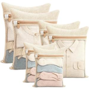 6 Pack Cotton Mesh Laundry Bag, Beige Wash Bags with Sturdy Zippers, Breathable Cotton Wash Bags for Underwear, Clothes, Pants, Socks (3 Assorted Sizes)
