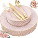 YOUBET 125Pcs Pink Plastic Plates with Gold Rim - Scalloped Plastic Plates Set Includes 25 Dinner, 25 Dessert Plate, 75 Gold Silverware for 25Geusts for Wedding Birthday Parties Baby Shower Valentines
