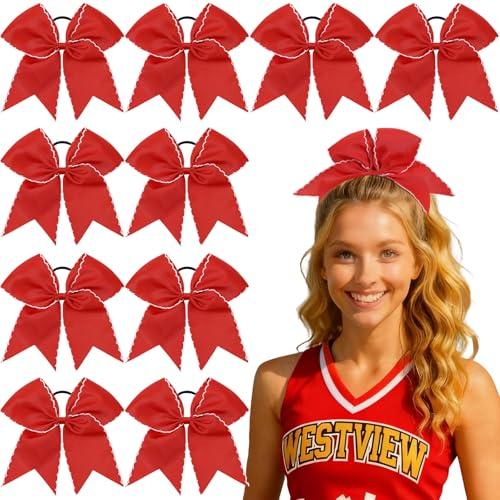 CN 10PCS 7.5" Red Large Cheer Bows, Cheerleading Bows Ponytail Holder for Girls, Grosgrain Ribbon Cheer Hair Bows with Elastic Hair Tie for Cheerleader College Sports Softball Competition