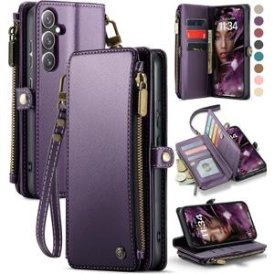 Defencase Compatible with Samsung Galaxy S24 FE Case Wallet with RFID Blocking Card Holder for Women Men, PU Leather Magnetic Snap Flip Zipper Strap Wallet Phone Case for Galaxy S24 FE 5G 6.7", Purple