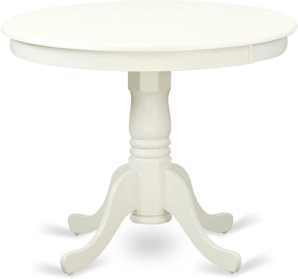 East West Furniture ANT-LWH-TP Antique Dining Room Table - a Round kitchen Table Top with Pedestal Base, 36x36 Inch, Linen White