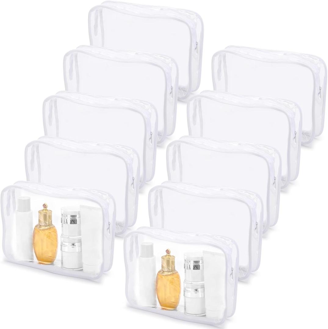 Tbestmax 10 Pack Clear Cosmetic Bags Makeup Bags Portable Waterproof TSA Approved Travel Toiletry Bags Large Organizer White, 9.8" x 7.1" x 2.4"