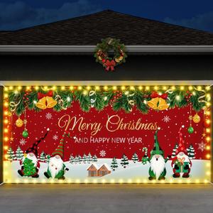 6 x 13 ft Large Merry Christmas Garage Door Cover 2025 LED Waterproof Polyester Happy New Year Banner with Holiday Graphics for Double Garage Outdoor Spaces Christmas Decoration
