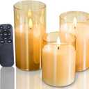 Real Wax Battery Operated Flameless Pillar Candles with Remote Timer Gold Glass Shell Realistic Black Wick Flickering Electric LED Lights for Wedding Halloween Christmas Decorations 3 Pack