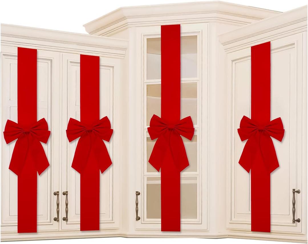 Cabinet Door Festive Ribbons and Bows Decoration Christmas Wreath Bow for Christmas Tree Fireplace Door Party Holidays Wrapping Decorations (4, Red Velvet)