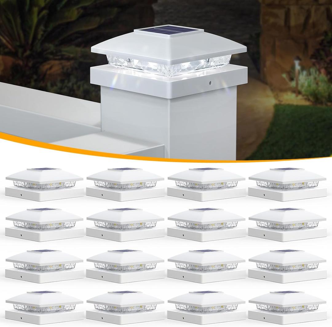 APONUO 4x4 Solar Post Cap Lights, 16 Pack White for Wood/Vinyl Posts - IP64 Waterproof, 6500K Cool White LED, No-Wire Fence Lights & Deck Lights for Patio Garden Yard Patio