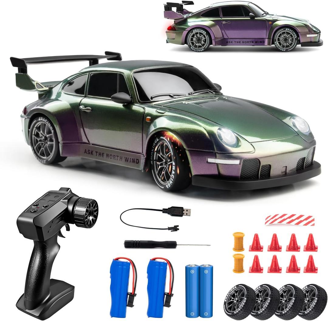 RC Drift Car, 1:24 Scale Remote Control Vehicle with LED Lights, 2.4GHz 20KM/H 4WD High Speed RC Cars, Drifting TiresTwo Batteries, Racing Sports Toy Idea Gift for Adults Boys Girls and Kids (Gradient)