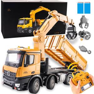 20-Inch 3 in 1 Remote Control Dump Truck Wood Grabber 26-Channels 1/14 Scale 6.6LBS Load Capacity RC Heavy Duty Metal Construction Vehicles Toy for 14Y+ Beginners (8 Wheels 2Batteries)