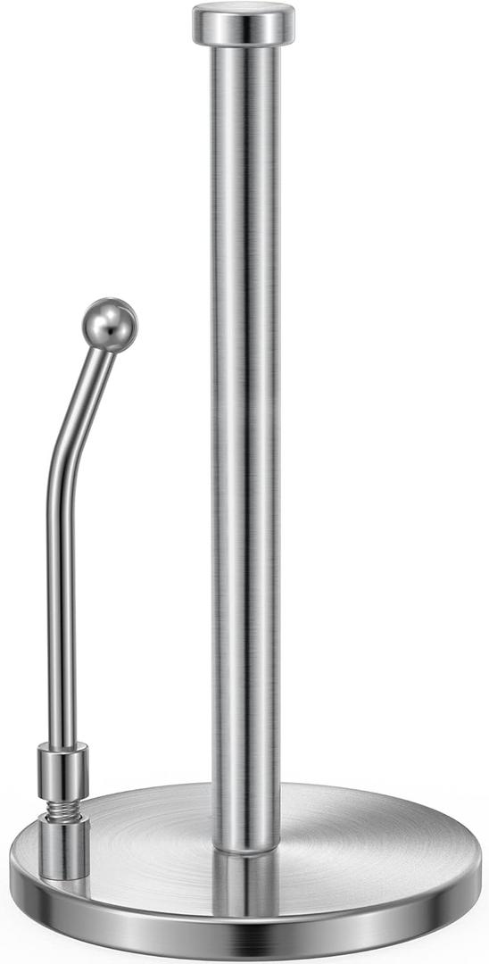 SMARTAKE Paper Towel Holder, Paper Towel Dispenser Standing Weighted Base Non Slip, Spring Arm for Easy Tear, Stainless Steel Paper Towel Holder for Home Kitchen Countertop Tabletop, Silver