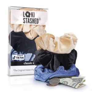 3-Pack Velvet Hair Tie Scrunchies for Girls & Women, The Original Hidden Pocket Scrunchie with Zipper Pocket Storage, Accessories, Small Items, Keys, Money - Navy, Tan, Black Color