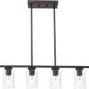 6-Light Kitchen Island Lighting Fixtures, Clear Glass Farmhouse Pendant Lights Hanging Chandelier in Oil Rubbed Bronze for Dining Room Table Cafe Bar
