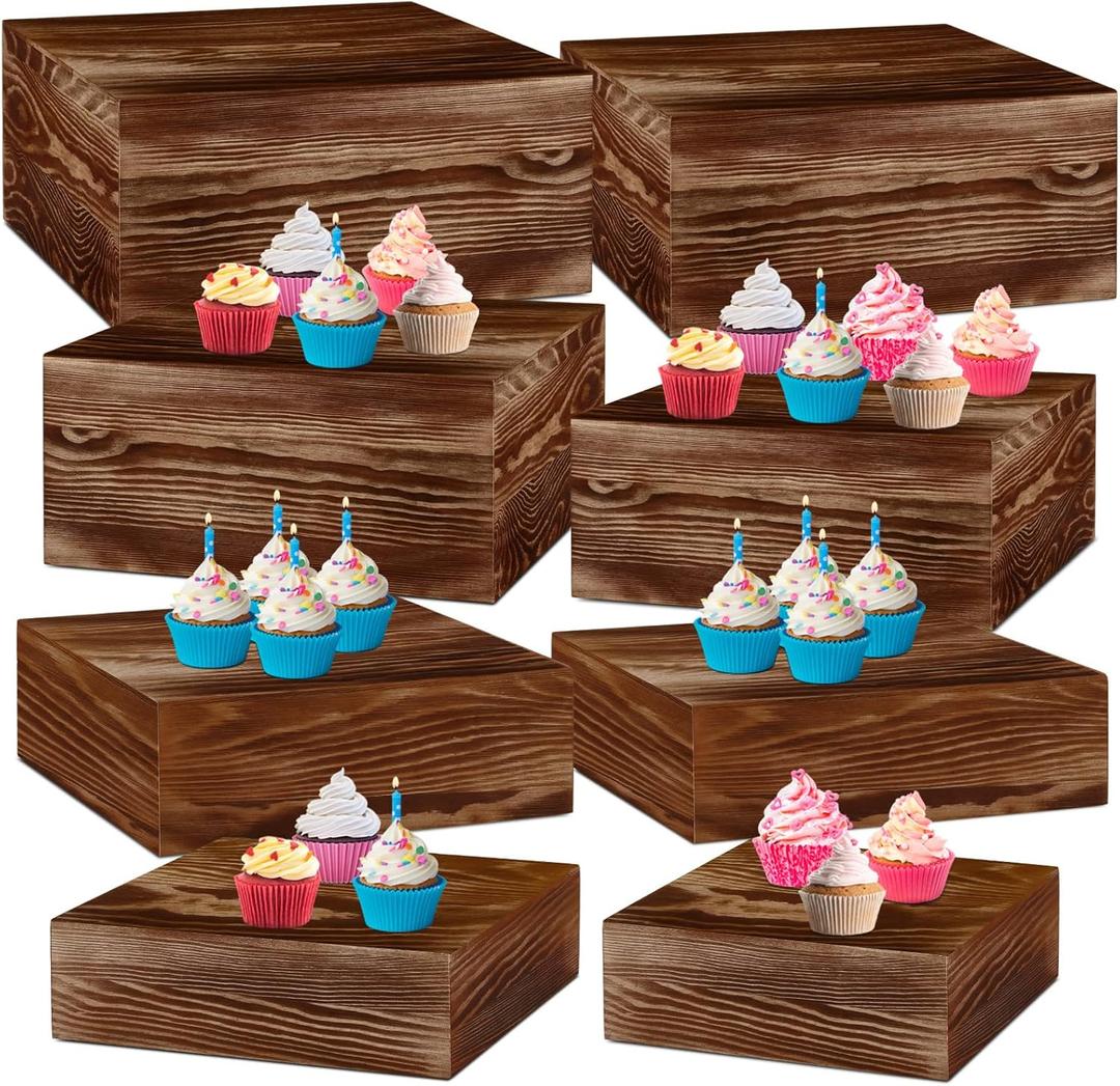 Barydat 8 Pcs Large 13.7" Wood Risers Display Stands Rustic Square Cupcake Stand Food Risers Stackable Display Box for Buffet Table Dessert Food Birthday Wedding Party(Black Brown)