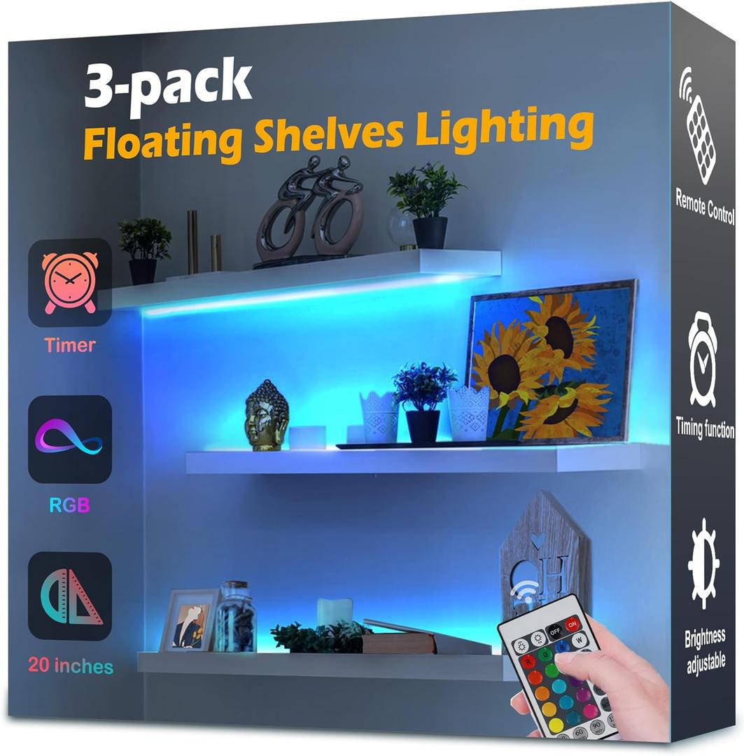 3-Pack Shelf Lights, Upgrade Battery Operated 20inch Led Strip Lights with Remote, Color Change with Timer Floating Shelves LED Wall Lights, DIY Led for Bedroom, Kitchen, Indoor Room Decor