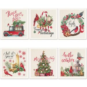 Cunhill 6 Pcs Swedish Kitchen Dish Cloths Kitchen Towels Reusable Sponge Cleaning Cloths Wipes Absorbent Dish Cloth Quick Drying Washable Decorative Tea Towels No Odor Bar Hand Towel (Cardinal Bird)