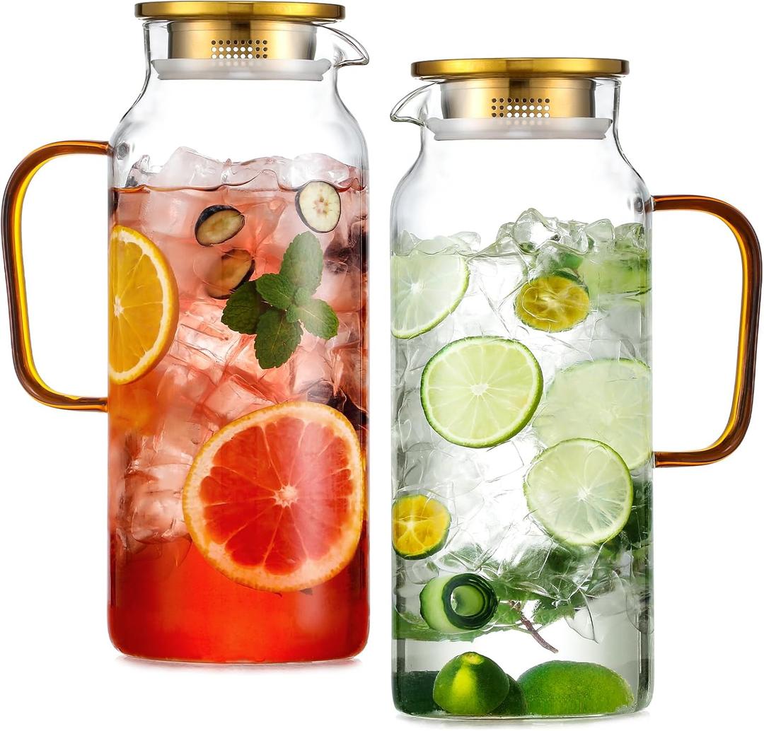 2 Pack 2 Liter/68 oz Glass Pitcher with Lid, Water Pitchers with Handle for Fridge, Large Jug for Iced Tea, Coffee, Borosilicate Glass Carafe for Hot/Cold Brew Drink and Homemade Beverage, Gold