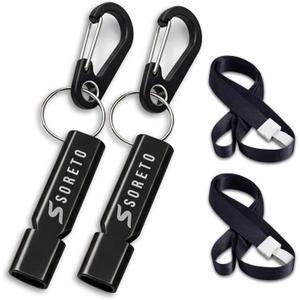 SORETO Emergency Survival Whistle, Double Tubes Safety Whistles with Carabiner, Black and Red, 2 Pack for Outdoor Camping, Hiking, Boating, Sports, Dog Training