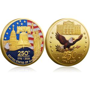 250th Anniversary Commemorative Coins - Golden American Flag & Liberty Bell Design Collectible Coins, Durable Metal Anniversary Coins for Display, Collectors & Gift Idea (1pc)