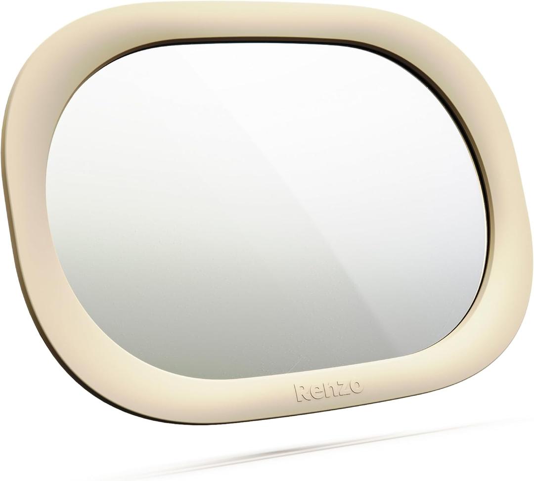 Renzo Baby Car Mirror - Rear Facing Car Seat Mirror for Infants - Extra Large, Shatter-Resistant, 360 Adjustable, Tool-Free Installation - Fits Most Cars, SUVs & Trucks (Almond Cream)