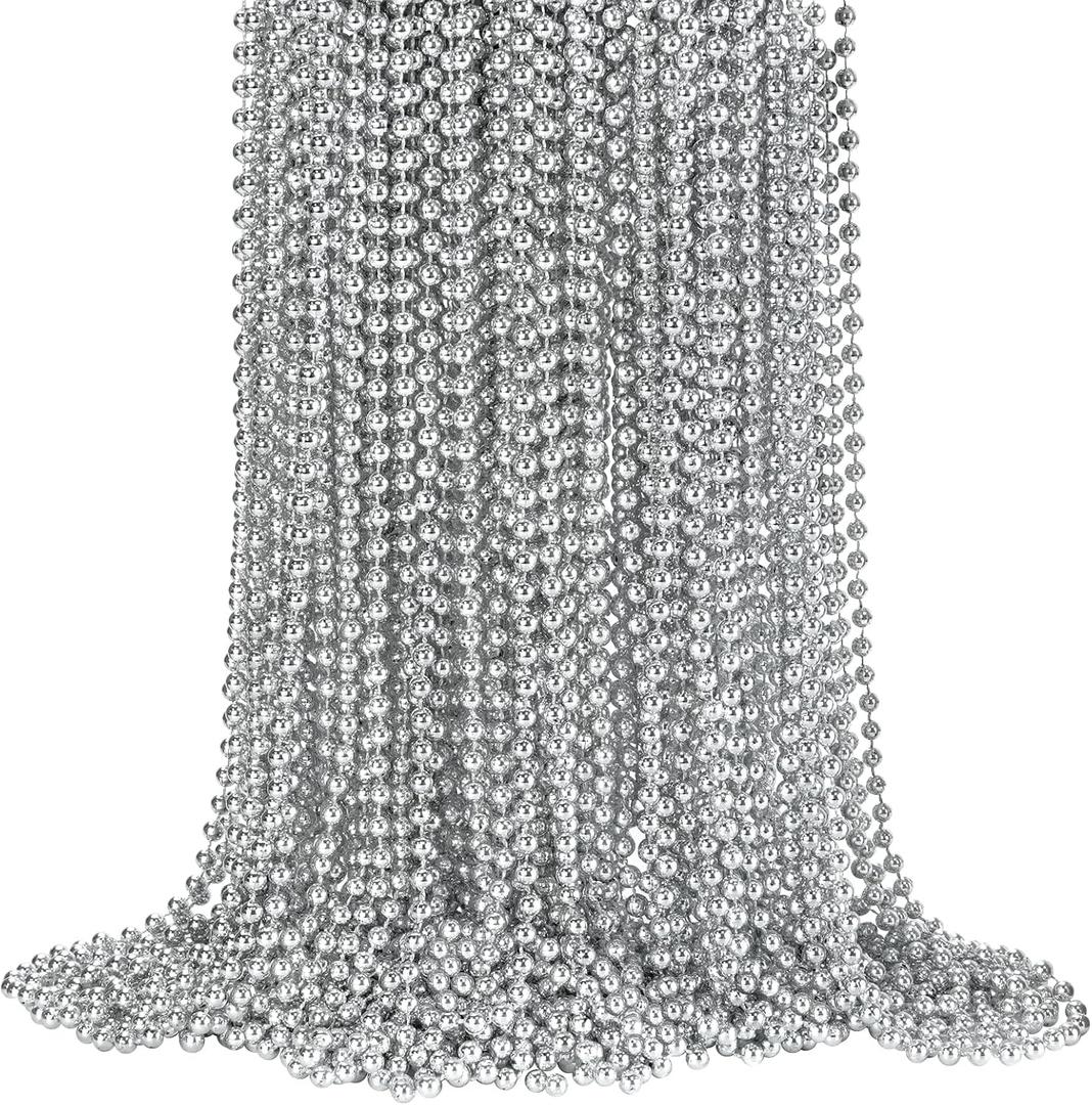 72 PCS Silver Bead Necklaces, Silver Mardi Gras Christmas Beads Necklaces, Patriotic Necklaces, 33 Inch Beaded Necklaces for Mardi Gras Christmas Party, 4th of July and New Year Eve Festive Events