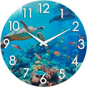 Outdoor Clock Waterproof - Nautical Ocean Decor Indoor Outdoor Wall Clocks for Patio Pool Garden Bathroom Home - Blue 12 Inch Glass, Sea Turtle Underwater Theme