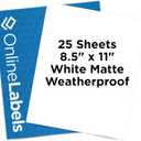 Waterproof Sticker Paper, 25 Sheets, White Matte Vinyl-Like, 8.5" x 11" Full Sheet Label, Works with Inkjet Printers Only, Compatible with Electronic Cutting Machines, OL177WJ, Online Labels