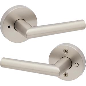 Kwikset Milan Interior Privacy Door Handle with Lock, Door Lever For Bathroom and Bedroom, Satin Nickel Reversible Keyless Push Button Lock Door Lever