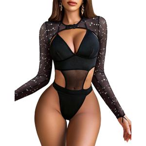 Avidlove Rave Outfits for Women Festival Sexy Lingerie Bodysuit Buckle Shrug Crop Top Set S
