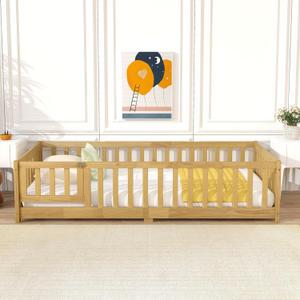 KEIKI Twin Size Floor Bed with Guardrails & Door, Montessori-Inspired, Sturdy Wood Frame with Slats for Kids, Natural