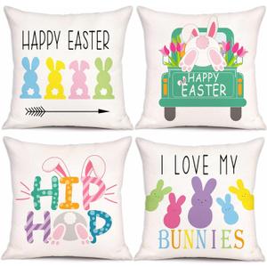 4PCS Easter Decorations Bunny Throw Pillow Covers 18x18 for The Home - Spring Decor DecorativeThrow Pillow Case for Party (Fillers Not Include)