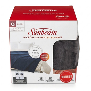Sunbeam Electric Throw Royal Luxe Microplush Heated Blanket, 4 Heat Settings, 4-Hour Auto Shut-Off, Fast Heating, Warm and Cozy, Grey Rodeen Plaid, Queen