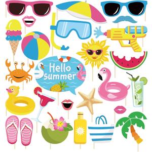 25Pcs Pool Photo Booth Props with Stick, Beach Summer Pool Party Decorations, Hawaiian Party Decorations Funny Selfie Photo Booth Props for Summer Hawaii Party Birthday