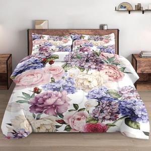 WeCozy Twin Size Comforter Set with Pillowcase, Painting Floral Rose Flower Hydrangea Soft 2 Pcs Bedding for Kids and Adults Bedroom Bed Decor