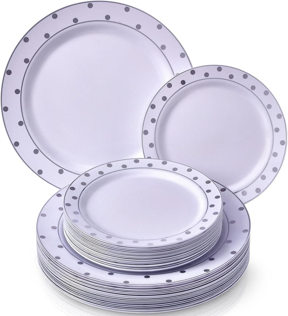 White with Silver Dots Plastic Disposable Plate Combo Set - 10.25" & 7.5" (20 Each Set) - Perfect for Weddings, Parties & Special Events, 20 Servings
