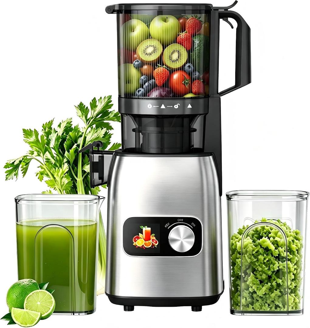 Cold Press Juicer with 5.3" Extra Wide Feed Chute, Slow Masticating Juicer Machine for Pre-Cut Fruits and Vegetables, High Yield Fruit Juicer, Easy Clean Design