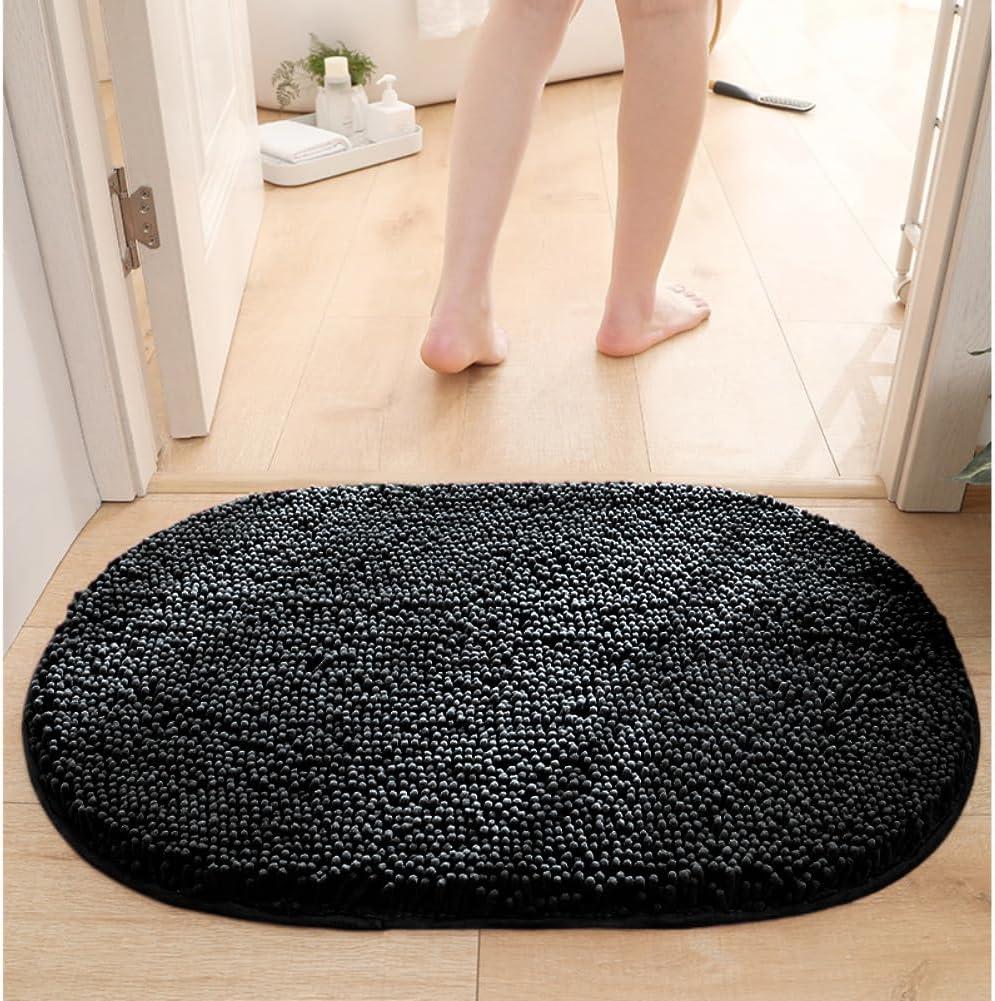 Oval Chenille Bathroom Rug, Ultra Soft Microfiber Shaggy Bath Mat, Machine Washable Thick Fluffy Carpet Rug, Non-Slip Water Absorbent Shower Mat for Bathroom, Shower (Black,20''32'')