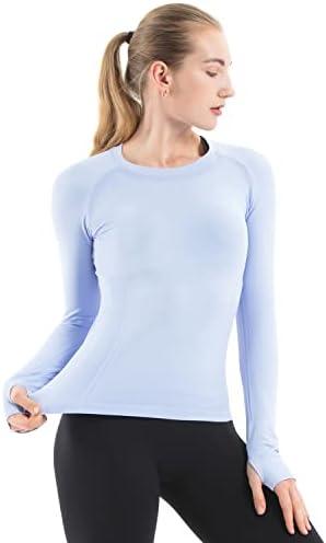 MathCat Seamless Workout Shirts for Women Long Sleeve Yoga Tops Sports Running Shirt Breathable Athletic Top Slim Fit L, Light Blue