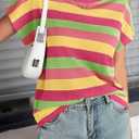 Saodimallsu Womens Striped Short Sleeve Tops Summer Casual Color Block Crew Neck Lightweight Loose Knit Shirts (Small, Pink)